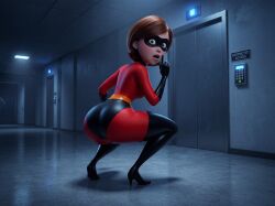 ai_generated big_ass bodysuit brunette brunette_female brunette_hair confident elastigirl facility hallway helen_parr high_heels infiltration latex mask masked_female milf round_ass shocked shocked_expression sneaking spy stealth superhero superheroine the_incredibles thick thick_ass thick_thighs tight_clothes tight_clothing tight_fit