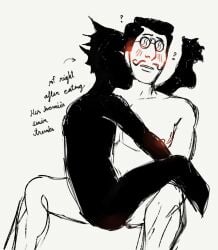 1ambiguous 1male 1monster aquatic_creature black_hair blushing blushing_male dark_skin digital_drawing_(artwork) digital_media_(artwork) english english_commentary english_text flexible flexible_body flexible_pose glasses head_fin human humanoid humanoid_monster intimacy intimate intimate_pose intimate_scene kissing kissing_neck kissing_shoulder leg_up limited_color mascot minimal_color monster mr_shrink neck_kiss neck_kissing no_visible_genitalia oc original original_character original_characters pince-nez shadow_creature the_shrink water_monster white_skin