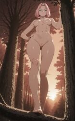 1girls 2d ai_generated arm_support blush breasts completely_nude dusk female female_only forest full_body full_color hairband high_resolution innie_pussy konohagakure_symbol kunoichi light-skinned_female light_skin naruto naruto_(series) naruto_shippuden ninja nipples nude nude_female outdoors perky_breasts pink-haired_female pink_hair pinup presenting_pussy pussy sakura_haruno shoulder_length_hair small_breasts solo solo_female solo_focus spiky_hair sunset tree uncensored upper_body viewed_from_below wide_hips