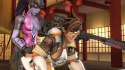 3d animated bent_over blue_hair blue_skin breasts brown_hair cleavage female from_behind futa_on_female futanari goggles gun headgear intersex jimahn nipples no_sound overwatch ponytail sex short_hair sniper sniper_rifle source_filmmaker tied_hair tracer video widowmaker