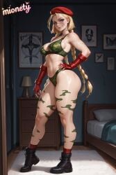 1girl abs ahoge ai_generated antenna_hair artist_name bare_shoulders bed bedroom beret bikini black_footwear blonde_hair blue_eyes bodypaint boots bra braid breasts cammy_white camouflage character_name cleavage clock closed_mouth combat_boots curvy door drawing_(object) fingerless_gloves full_body gloves green_leotard hand_on_own_hip hat highleg huge_ahoge indoors lamp large_breasts leotard lips long_hair looking_at_viewer medium_breasts meme mionety muscular muscular_female navel on_bed painting_(object) panties parted_lips picture_frame pillow poster_(object) red_gloves red_hat red_socks scar scar_on_cheek scar_on_face shiny_skin sign smile socks solo standing stomach street_fighter street_fighter_ii_(series) street_fighter_v swimsuit thick_thighs thighs toned twin_braids underwear very_long_hair wide_hips