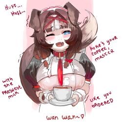 1girls animal_ears azar bibi_biscuit blue_eye blush brown_hair clothed clothing coffee coffee_mug collar dog_ears dog_girl dog_tail embarrassed english_text female female_only headdress heart-shaped_pupil huff huffing leash leash_and_collar light-skinned_female light_skin looking_at_viewer maid maid_headdress maid_uniform mug one_eye_closed phase_connect phase_saga serving_tray solo symbol-shaped_pupil tail talking_to_viewer text underboob virtual_youtuber wrist_cuffs