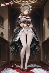 1girl ai_generated armband ass_visible_through_thighs black_dress black_footwear blonde_hair blue_eyes blush bow bow_panties breasts brown_hair character_name cleavage cleavage_cutout closed_mouth clothes_lift copyright_name covered_navel crotch_seam detached_sleeves dress dress_lift frilled_dress frills full_body genshin_impact gun hair_ornament hat high_heels indoors juliet_sleeves large_breasts legs lifting_own_clothes light_brown_hair light_particles long_hair long_sleeves looking_at_viewer maid maid_headdress medium_breasts mionety official_alternate_costume panties panties_under_pantyhose pantyhose puffy_sleeves ribbon sandrone sandrone_(genshin_impact) shoes sidelocks skirt skirt_lift smile solo standing thigh_gap thighband_pantyhose thighs underwear very_long_hair weapon white_bow white_panties white_pantyhose