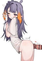 1boy 1girl absurdres arched_back bar_censor bottomless censored chocosong commentary_request gradient_hair hand_up heart heart_in_eye hetero highres hololive hololive_english just_the_tip long_hair mole mole_under_eye multicolored_hair ninomae_ina'nis one_eye_closed orange_hair penis purple_eyes purple_hair sex sex_from_behind shirt simple_background standing standing_sex symbol_in_eye t-shirt tentacle_hair vaginal virtual_youtuber white_background white_shirt