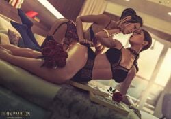 2girls 3d ass bed boquet brown_hair crossover female female_focus female_on_female female_only flowers idylla lara_croft lara_croft_(survivor) lesbian li_mei lingerie mortal_kombat on_bed romantic rose rose_(flower) roses tagme tomb_raider tomb_raider_(survivor) yuri