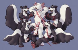 anthro arms_tied bald_tail bdsm bondage bound erection fangs feet feet_tied fur genitals glans group hi_res knee_up legs_tied long_tail long_teeth male male/male mammal mephitid multicolored_body multicolored_fur murid murine muscular muscular_male narrowed_eyes nipples pawpads pecs penis penis_tied pink_glans pink_nipples pink_nose pink_pawpads rat ravuer rodent simple_background sitting skunk small_penis smile solo standing striped_skunk tail teeth thick_penis white_body white_fur