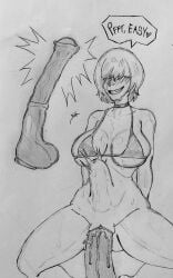 belly_bulge blush blush_lines choker dialogue doodle hair_covering_eyes horse_dildo micro_bikini monochrome original_character pussy_juice riding riding_dildo sweat traditional_media_(artwork) vaginal_penetration