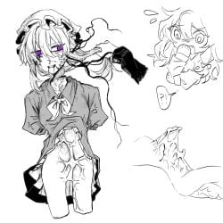 !? 2girls alternate_hair_length_(longer) amputee armless_amputee black_shirt blood body_horror bottomless bow bowtie collared_dress commentary cuts dated_commentary dress fang flying_sweatdrops frilled_dress frills grabbing_another's_hair guro hair_between_eyes hair_bow hat highres holding_another's_hair injury long_hair long_sleeves maribel_hearn missing_headwear mob_cap multiple_girls oriharareimu partially_colored puffy_short_sleeves puffy_sleeves purple_eyes scared shirt short_sleeves simple_background tentacles touhou transformation tumor usami_renko white_background white_hat