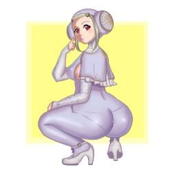 1girl 1girls ass big_ass blonde_hair bodysuit braid breasts capcom capelet clothing covered_nipples double_bun female female_only from_behind full_body grey_hair hair_bun high_heels huge_ass ingrid_(capcom) looking_at_viewer looking_back medium_breasts pantylines parted_lips red_eyes shoes short_hair sideboob simple_background skin_tight solo squatting street_fighter street_fighter_6 thick_thighs tight_clothes