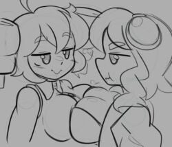 2girls ahoge bare_shoulders breast_press breasts buttons closed_mouth collared_shirt drill_hair electronic_baka goggles goggles_on_head greyscale gumi huge_breasts jacket jitome kasane_teto kasane_teto_(utau) monochrome multiple_girls open_clothes open_jacket pout shirt short_hair sketch smile sports_bra symmetrical_docking twin_drills utau vocaloid