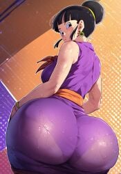 1girls 2d absurd_res ai_generated anime asian_female ass ass_focus bangs big_ass big_butt black_hair bracelets breasts chichi curvaceous curvy curvy_figure digital_drawing_(artwork) dragon_ball dragon_ball_z earrings female female_only hair_bun hairband hi_res huge_ass huge_butt looking_at_viewer looking_back_at_viewer mature_female milf mother panties panties_visible_through_clothing pose posing posing_for_the_viewer presenting presenting_hindquarters purple_clothing purple_dress scarf showing_off sideboob smile smiling smiling_at_viewer solo solo_female thick thick_ass tied_hair wide_hips zeca997