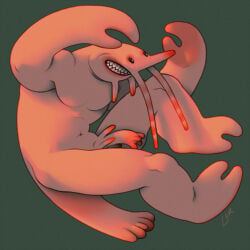 action_pose antennae_(anatomy) anthro aquatic arthropod black_eyes claws crustacean genitals glans half-erect hi_res male muscular muscular_male pecs penis pink_body pink_skin pose ravuer red_glans sharp_teeth shrimp silly_pose simple_background small_eyes smile solo teeth unusual_anatomy unusual_genitalia unusual_glans unusual_penis