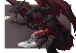babanasaur bodily_fluids breath condom cum dragon european_mythology feral filled_condom genital_fluids genitals hi_res lying male multicolored_body mythological_creature mythological_scalie mythology on_side penis raised_leg scalie sexual_barrier_device solo thurkearvyth western_dragon wings