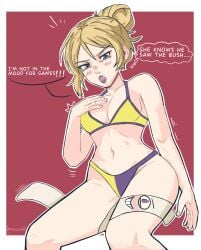 bikini_top english_text exposed female gameoverse katu_h4m mature_female miss_information_(gameoverse) speech_bubble surprised_expression text thought_bubble