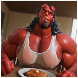ai ai_generated bara bara_tiddies bara_tits black_hair breasts eating gay hellboy hellboy_(series) khlibina male male_only muscular muscular_male sitting yaoi