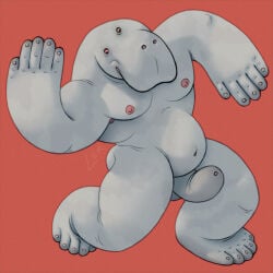 anthro aquatic belly big_penis dancing flaccid flapping_penis foreskin genitals grey_body hi_res long_penis male mammal manatee musclegut muscular muscular_male nipples pecs penis pink_nipples ravuer silly_pose simple_background sirenian slightly_chubby slightly_chubby_male small_eyes solo thick_penis