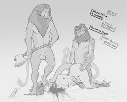 american_opossum anthro athletic axe betting blood bodily_fluids cheetah cum decapitation execution eyewear felid feline female female_death furry genital_fluids glasses gore group guro hands_on_hips hi_res hraath lion male male/female mammal mane marsupial monochrome muscular nude pantherine questionable_consent simple_background snuff spots tail text toe_twitching trio vaginal