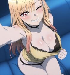 ai_generated black_bra black_panties couch kitagawa_marin long_hair neckline one_eye_closed pijama protopotato selfie sitting sitting_on_couch smiley_face sono_bisque_doll_wa_koi_wo_suru