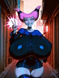 ai_generated curvy dc_comics female_only huge_breasts jinx_(dc) jinx_(teen_titans) magic pink_cheeks pink_eyes pink_hair plump_thighs request teen_titans thigh_gap twintails wicked_smile wide_hips