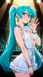 1girl 2026 2d absurd_res absurd_resolution absurdres ai_generated aqua_eyes aqua_hair aqua_nails audience bare_shoulders blush bracelet breasts closed_mouth collarbone concert cowboy_shot crowd dress earrings frilled_dress frills glowstick hair_between_eyes hand_up hatsune_miku hi_res high_quality high_resolution highres image jewelry long_hair looking_at_viewer mayrainart medium_breasts nail_polish necklace no_bra patreon plunging_neckline short_dress sleeveless sleeveless_dress smile solo spotlight stage stage_lights twintails uncensured very_long_hair vocaloid waving wavy_mouth white_dress