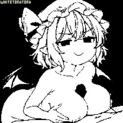 1boy 1girl alternate_breast_size_(larger) animated animated_gif artist_name bat_wings bilingual_commentary breasts breasts_squeezed_together closed_mouth commentary completely_nude english_commentary erection greyscale hat hat_ribbon hetero large_breasts looping_animation medium_hair mixed-language_commentary mob_cap monochrome nude paizuri penis pointy_ears remilia_scarlet ribbon smile touhou whitetoratora wings