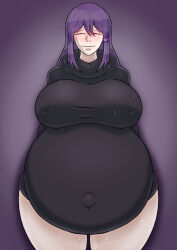 blushing blushing_female blushing_profusely doki_doki_literature_club female looking_at_viewer pregnant pregnant_female purple_eyes purple_hair super_belly sweater yuri_(doki_doki_literature_club)