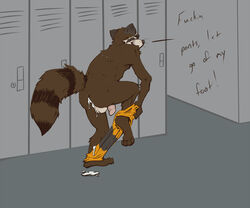 after_sex annoyed anthro anus ass backsack balls barefoot brown_fur clothed clothing cum cum_drip cum_from_ass cum_in_ass cum_inside dialogue dripping english_text flaccid flat_colors fur guardians_of_the_galaxy leaking locker locker_room male male_only mammal marvel on_one_leg open_mouth pants pants_down partially_clothed penis raccoon rear_view ringed_tail rocket_raccoon skunkjunkie solo standing text topless undressing whiskers