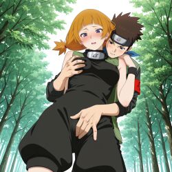 1boy 1girls ai_generated arm_up armpits blush boruto:_naruto_next_generations breasts brown_hair cleavage earrings female fingering fingering_partner fingering_pussy fingering_through_clothes forest fully_clothed headband kazamatsuri_moegi konohagakure_symbol kunoichi male male/female moaning naruto naruto_(series) ninja orange_hair outdoors sarutobi_konohamaru scarf shirt straight sweat tied_hair twintails upper_body vest wristband