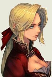 1girl big_breasts blonde_hair blue_eyes breasts cleavage collared_dress dead_or_alive dress frills grey_background hair_ornament hair_ribbon helena_douglas hungry_clicker lips long_hair low_ponytail medium_breasts parted_lips ponytail red_dress red_ribbon ribbon solo uniform upper_body