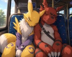 ai_generated couple cute digimon fox_girl guilmon renamon sleeping