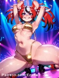 ai_generated big_ass big_breasts big_butt big_thighs bikini blue_eyes blush cameltoe ezuna female female_only gold_bikini hakos_baelz hololive huge_ass huge_breasts huge_butt huge_thighs multicolored_eyes multicolored_hair pole pole_dancing red_hair spread_legs squatting wanuze wide_hips