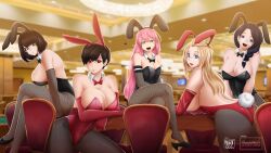 5girls animal_ears artist_name bangs_pinned_back black_bow black_bowtie black_footwear blonde_hair blue_eyes blurry borrowed_character bow bowtie braid braided_ponytail breasts breasts_on_lap brown_hair ceiling chair cleavage collar crossed_legs depth_of_field desyana_laurentia detached_collar elbow_gloves facing_viewer fake_animal_ears fishnet_pantyhose fishnets glasses gloves green_eyes hair_over_shoulder highres huge_breasts indoors inne_sulistya_robin large_breasts long_hair medium_breasts melissa_renata multiple_girls no_bra norman_maggot olive_laurentia on_table original pantyhose pink_hair pixie_cut playboy_bunny rabbit_ears rabbit_tail red_bow red_bowtie red_gloves shadyoaks short_hair sitting stephanie_(norman_maggot) table white_collar wing_collar