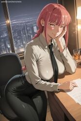 1girl ai_generated bangs black_neckwear black_pants blush braid braided_ponytail breasts business_suit chainsaw_man collared_shirt cup eyebrows_visible_through_hair formal hi_res high_quality high_resolution large_breasts light_smile long_hair long_sleeves looking_at_viewer makima_(chainsaw_man) medium_hair necktie office_lady pants patreon pink_hair ringed_eyes savvyraexo seductive sexy shirt shirt_tucked_in sitting smile solo suit uncensored watermark white_shirt yellow_eyes