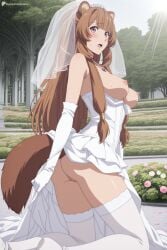 1girl ai_generated animal_ears artist_name ass blush breasts breasts_out bridal_veil bride brown_hair censored clothes_pull day digitalwaifugallery dress dress_pull elbow_gloves flower from_side gloves hi_res high_quality high_resolution jewelry kneeling large_breasts long_hair looking_at_viewer looking_back mosaic_censoring nipples no_panties open_mouth outdoors patreon patreon_username pussy raccoon_ears raccoon_girl raccoon_tail raphtalia seductive sexy sidelocks solo sweat tail tate_no_yuusha_no_nariagari the_rising_of_the_shield_hero thighhighs tree uncensored veil very_long_hair watermark wedding_dress white_dress white_flower white_gloves white_thighhighs