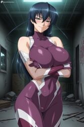 1girl ai_generated arms_under_breasts asagi_igawa bare_shoulders black_hair blue_hair blush bodysuit breasts cardboard_box closed_mouth covered_collarbone covered_navel cowboy_shot crossed_arms digitalwaifugallery elbow_gloves female female_only fishnets gloves green_eyes hair_between_eyes hi_res high_quality high_resolution impossible_bodysuit impossible_clothes indoors large_breasts long_hair looking_at_viewer ninja patreon purple_bodysuit seductive sexy shiny_clothes skin_tight smile solo standing uncensored watermark