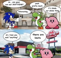 arby's coffee_shop conversation fast_food kirby kirby_(series) meme nintendo no_humans not_porn refusal sega sonic_(series) sonic_the_hedgehog speech speech_bubble text text_bubble yoshi