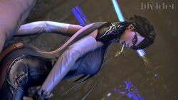 1boy 1girls 3d animated bayonetta bayonetta_(character) bayonetta_2 black_hair bodysuit buttjob buttjob_over_clothes dividerbyzero glasses no_sound shorter_than_10_seconds video video_game