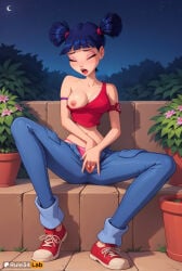 1girls 4kids_entertainment ai_generated armband artist_name black_hair blue_pants blush breasts closed_eyes clothed_masturbation clothing_aside crescent_moon crop_top denim eyeshadow female_human female_masturbation fingering flower full_body hi_res jeans makeup masturbation medium_breasts midriff moon musa musa_(winx_club) navel nickelodeon night night_sky nipples no_bra one_breast_out open_mouth outdoors panties pants pink_panties plant pussy rainbow_(animation_studio) red_footwear rule34lab shoes short_hair sitting sky sneakers solo spread_legs star_(sky) tank_top twintails underwear winx_club