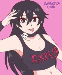 abs bambietta_basterbine bambietta_chan belly_button black_collar black_hair black_shirt bleach bleach:_sennen_kessen-hen bleach:_the_thousand-year_blood_war breast breasts collar fingers lipstick long_hair looking_at_viewer purple_eyes questionable quincy_(bleach) quincy_bitch rockstar rockstar_girl sfw skull_collar sleeveless_shirt sternritter tongue tongue_out wandenreich