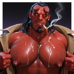 ai ai_generated anal_sex bara bara_tiddies bara_tits big_ass black_hair breasts cum_on_pectorals gay hellboy hellboy_(series) khlibina male male_only muscular muscular_male smoking upper_body yaoi