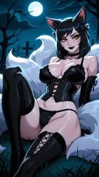 1girl 2026 2d absurd_res absurd_resolution absurdres ahri ahri_(league_of_legends) ai_generated animal_ears bare_shoulders black_bra black_choker black_footwear black_gloves black_hair black_lips black_panties black_thighhighs boots bow breasts choker cleavage collarbone covered_nipples cross elbow_gloves facial_mark fox_ears fox_girl fox_tail full_moon gloves grass graveyard hi_res high_quality high_resolution highres image knee_up large_breasts league_of_legends looking_at_viewer makeup mayrainart medium_hair moon multiple_tails navel night outdoors panties patreon shiny_clothes shiny_skin short_hair sitting sky smile solo tail thigh_boots thighhighs tree uncensured underwear whisker_markings yellow_eyes