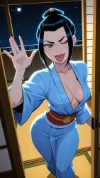 1girl 2026 2d absurd_res absurd_resolution absurdres ai_generated avatar_the_last_airbender azula black_hair blue_kimono breasts brown_eyes cleavage collarbone doorway full_moon hand_up hi_res high_quality high_resolution highres image indoors japanese_clothes kimono looking_at_viewer mayrainart medium_breasts moon night night_sky no_bra obi one_eye_closed patreon red_sash sash short_hair shouji sky sliding_doors solo standing star_(sky) starry_sky tatami tongue tongue_out uncensured yukata