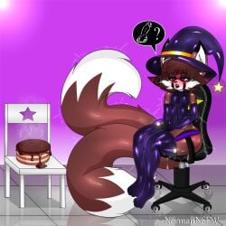 2_tails big_butt brown_body brown_fur cake chair chocolate femboy fox gaymer goth huge_butt legs_together legwear normannsfw normanthefox precum purple_eyes solo star thick_thighs white_body white_fur witch witch_hat