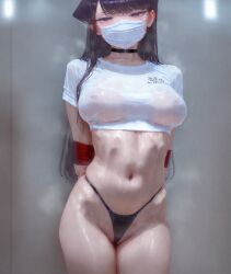 1girl 1girls ai_generated arms_behind_back bdsm bikini_bottom_only black_choker black_hair black_panties blurry_background blush bondage bound bound_arms bound_wrists breasts cameltoe choker clothes_writing collarbone covered_mouth covered_nipples cowboy_shot crop_top cropped_shirt dripping fahreit female female_only female_pubic_hair groin half-closed_eyes heavy_breathing highleg highleg_bikini highleg_panties hip_bones indoors komi-san_wa_komyushou_desu komi_shouko large_breasts legs_together linea_alba long_hair looking_at_viewer mask medium_breasts micro_panties midriff mouth_mask navel nipples no_bra no_pants panties partially_visible_vulva patreon pubic_hair pubic_hair_peek purple_eyes purple_hair red_rope restrained rope see-through see-through_shirt shiny_skin shirt short_sleeves skindentation solo stable_diffusion standing steam steaming_body stomach surgical_mask sweat sweaty_clothes swept_bangs t-shirt taut_clothes taut_shirt thigh_gap thighs thong toned underwear very_long_hair wedgie wet wet_clothes wet_shirt white_mask white_shirt wide_hips