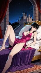 1girl 2026 2d absurd_res absurd_resolution absurdres ai_generated bare_legs barefoot bed black_hair breasts breasts_apart candle candlestand chainsaw_man cleavage dress earrings hi_res high_quality high_resolution highres image indoors jewelry large_breasts legs looking_at_viewer lying mayrainart medium_breasts mitaka_asa necklace night night_sky on_back on_bed patreon pillow pink_dress sky smile solo star_(sky) thighs uncensured