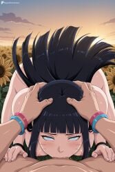 1boy 1girl ai_generated black_hair blue_eyes blunt_bangs blush boruto:_naruto_next_generations bracelet breasts completely_nude deepthroat digitalwaifugallery fellatio field flower flower_field hands_on_another's_head head_grab hetero hi_res high_quality high_resolution irrumatio jewelry large_breasts long_hair looking_at_viewer nipples nude oral outdoors patreon patreon_logo patreon_username penis pov pov_crotch seductive sexy sky solo_focus sunflower sunflower_field uncensored uzumaki_himawari watermark