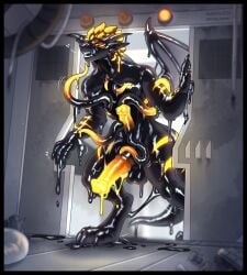 animal_genitalia animal_penis animate_inanimate anthro asphalt_(basaltdragon) black_border border dragon equine_genitalia equine_penis genitals glowing glowing_eyes goo_creature hi_res hollow_body horn hypnotic_eyes hypnotizing_viewer internal_penis licking licking_lips licking_own_lips living_clothing living_latex looking_at_viewer maefeline male markings mythological_creature mythological_scalie mythology open_chest penis scalie solo spacecraft spaceship_interior striped_markings stripes tentacles tongue tongue_out unusual_anatomy vehicle wings