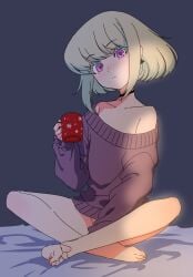 1boy 1femboy androgynous bob_cut bottomless burrrntlemon choker clothed clothing collar femboy feminine_faced_male feminine_male lio_fotia looking_at_viewer male on_bed oversized_clothes petite petite_body petite_male pov promare questionable short_hair short_male slim slim_male slim_waist solo sweater sweater_only thin_male thin_waist twink