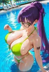 ai_generated bikini breasts ether_(nikke) female female_only glasses goddess_of_victory:_nikke green_bikini green_eyes huge_breasts large_breasts long_hair ponytail pool purple_hair tattoo water wet wet_body