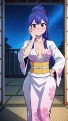 1girl 1girls 2026 2d absurd_res absurd_resolution absurdres aged_up ai_generated blue-haired_female blue_hair blush bow breasts breasts_apart brown_eyes cleavage closed_mouth collarbone embarrassed fairy_tail floral_print hair_between_eyes hair_bow hair_bun hand_on_own_cheek hand_on_own_face hand_on_own_hip hi_res high_quality high_resolution highres image indoors japanese_clothes kimono long_hair long_sleeves looking_at_viewer mayrainart medium_breasts night night_sky obi patreon pink_kimono print_kimono red_bow sash single_hair_bun sky sliding_doors solo standing star_(sky) starry_sky tatami uncensured wendy_marvell white_kimono yukata